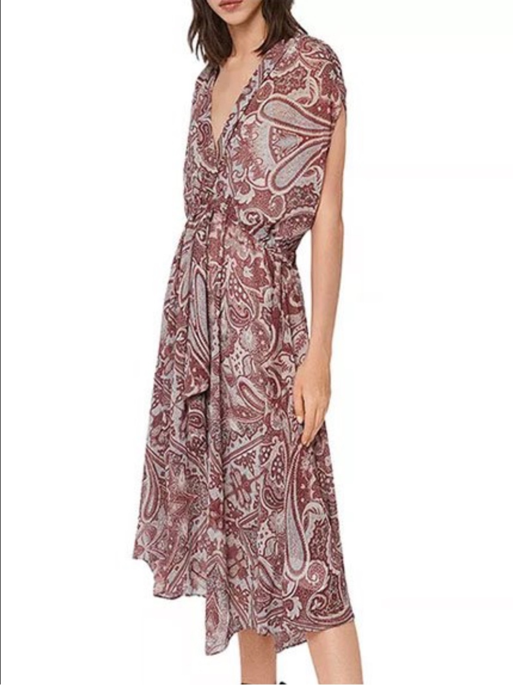 All Saints Paisley Wrap-Style Midi Dress in Mauve and Cream